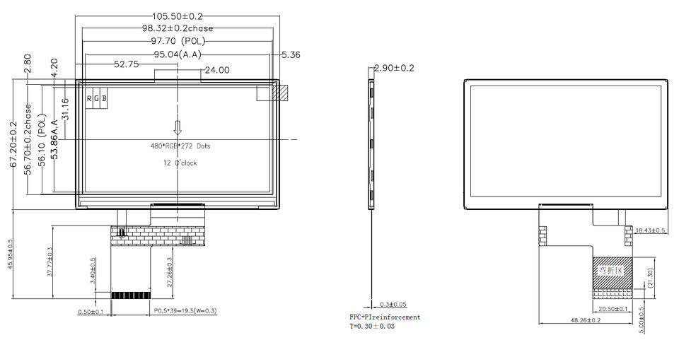4.3 Inch IPS TFT LCD Display 300cd/M2 With Static Dynamic Driving Method